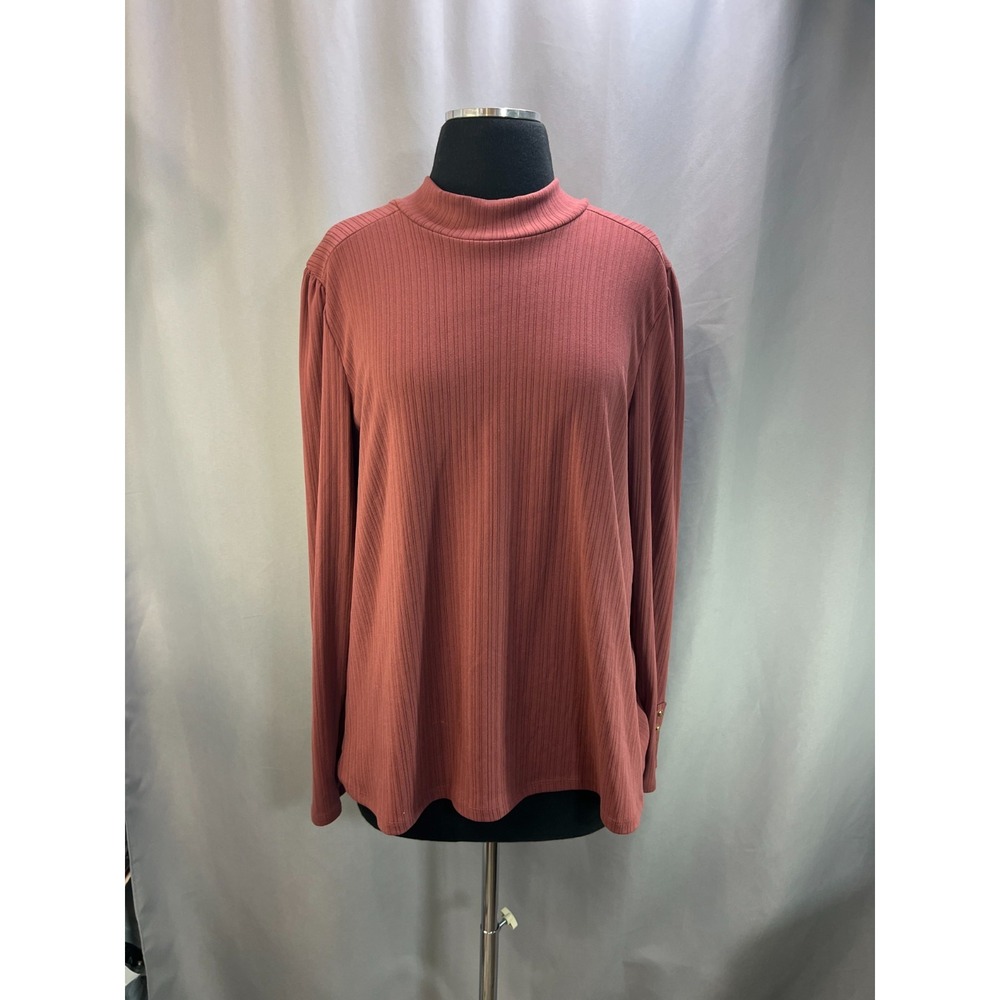 Liz Claiborne Blouse Top Womens L Blush Pink Ribbed Knit Cuffs Sleeve Mock Neck